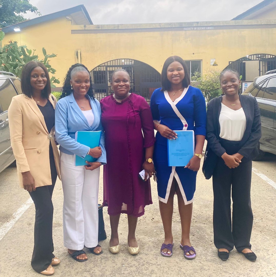 Dr Sogbanmu (middle) with her BSc Project Students (From Left: Praise Onovieraye, Omonigho Ojeme, Ifeoluwa Mike-Erimi, Joy Omenka) after their Viva Voce – August 27, 2024. Dr Sogbanmu (middle) with her BSc Project Students (From Left: Praise Onovieraye, Omonigho Ojeme, Ifeoluwa Mike-Erimi, Joy Omenka) after their Viva Voce – August 27, 2024.